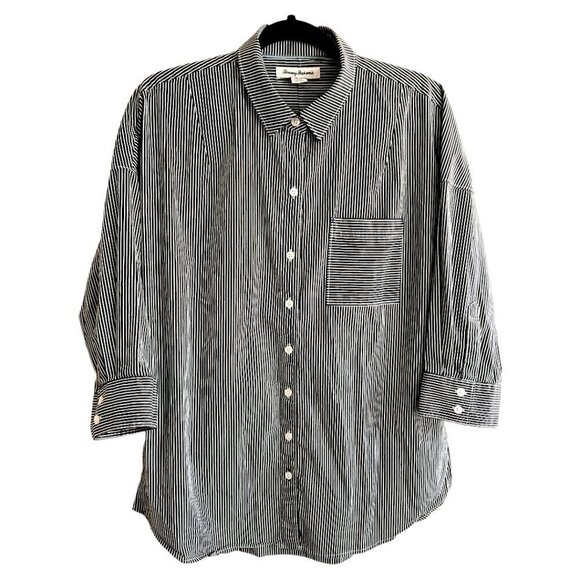 Women's Classic Navy White Nautical Tommy Bahama Button Down Shirt Size Medium - Picture 2 of 8